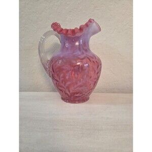 Vintage Fenton Cranberry Glass Opalescent Daisy & Fern Ruffled Pitcher 9”